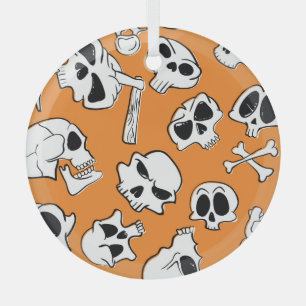 Halloween Skulls Bones Doodle Pattern Glass Ornament