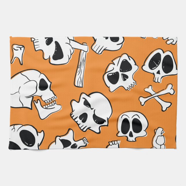 Halloween Skulls Bones Doodle Pattern Kitchen Towel (Horizontal)