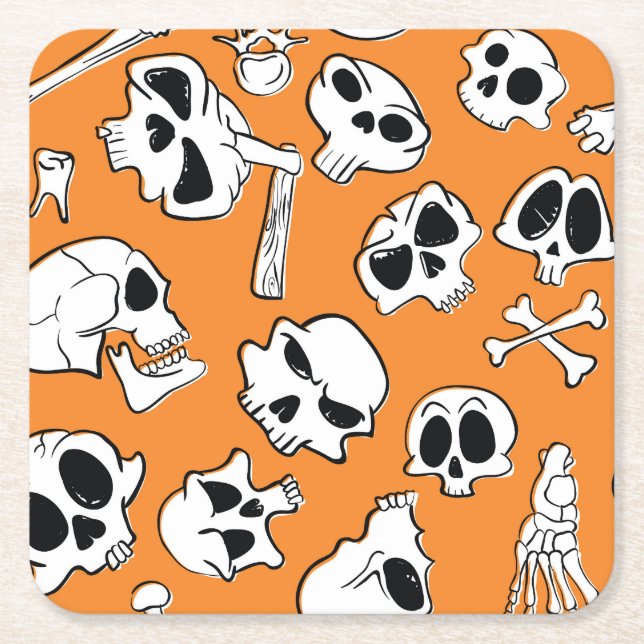 Halloween Skulls Bones Doodle Pattern Square Paper Coaster (Front)