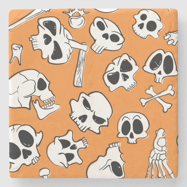 Halloween Skulls Bones Doodle Pattern Stone Coaster (Front)