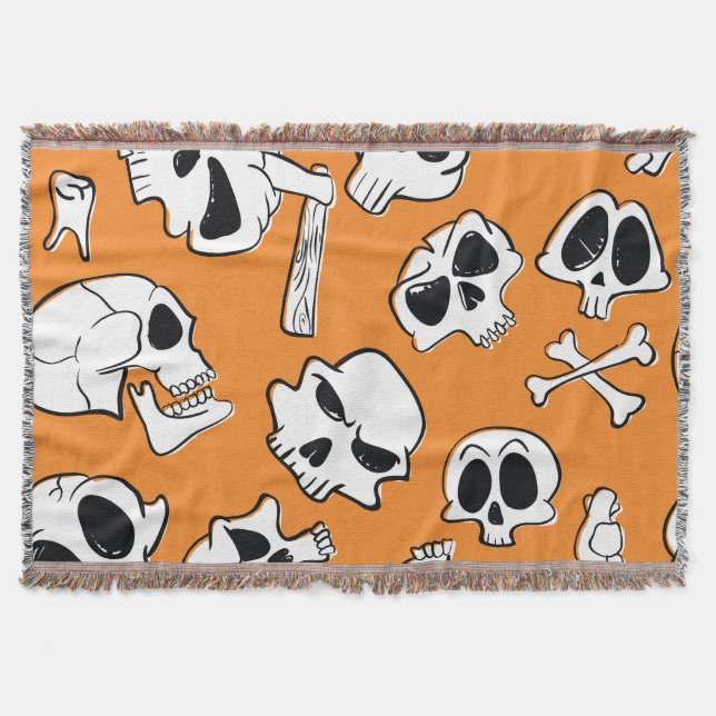 Halloween Skulls Bones Doodle Pattern Throw Blanket (Front)
