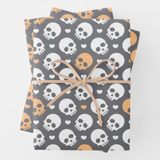 Halloween Skulls & Sweet Hearts Wrapping Paper (In situ)