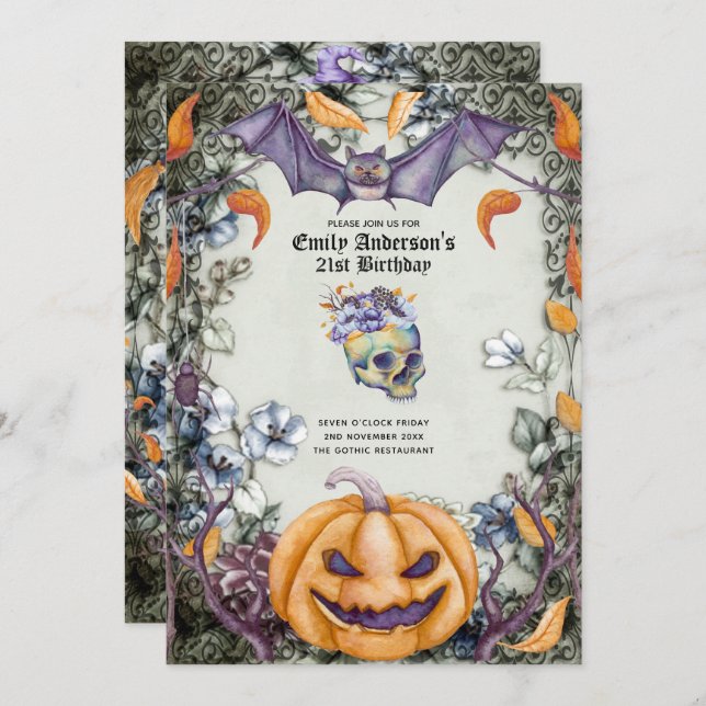 Halloween Skulls Trendy Party Invites Watercolor (Front/Back)