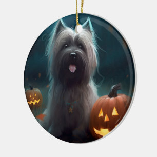 Halloween Skye Terrier With Pumpkins Scary  Ceramic Ornament