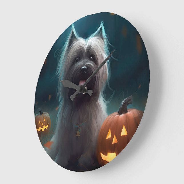 Halloween Skye Terrier With Pumpkins Scary  Large Clock (Angle)