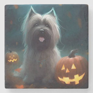 Halloween Skye Terrier With Pumpkins Scary  Stone Coaster