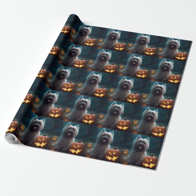 Halloween Skye Terrier With Pumpkins Scary  Wrapping Paper (Unrolled)