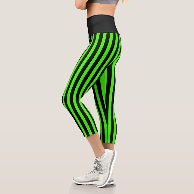 Halloween Slime Green and Black Stripe Capri Leggings (Left)