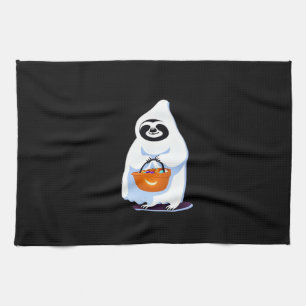 Halloween sloth dressed as ghost going trick or tr kitchen towel