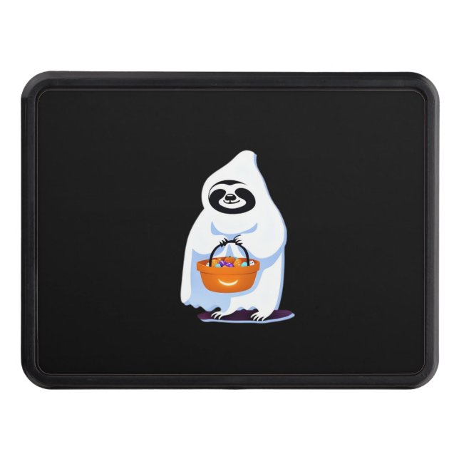 Halloween sloth dressed as ghost going trick or tr trailer hitch cover (Front)