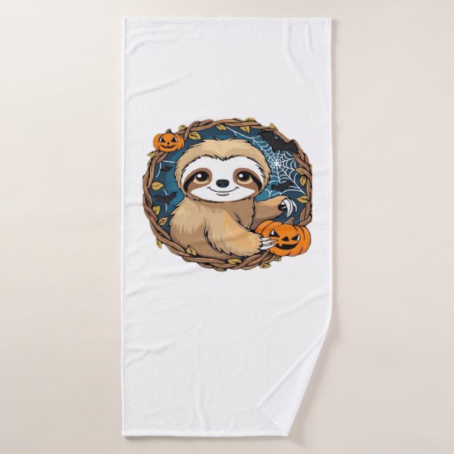 Halloween sloth, pumpkin, bat, spider, spider web  bath towel (Bath Towel)