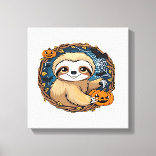 Halloween sloth, pumpkin, bat, spider, spider web  canvas print