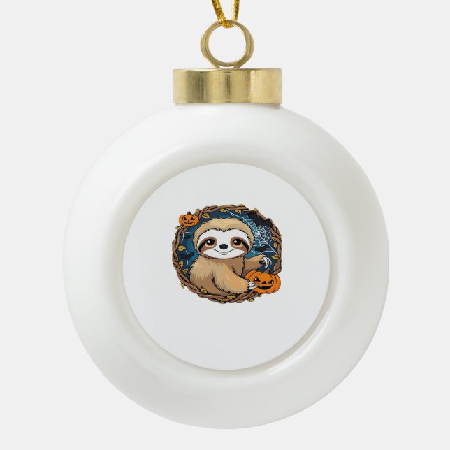 Halloween sloth, pumpkin, bat, spider, spider web  ceramic ball christmas ornament (Front)
