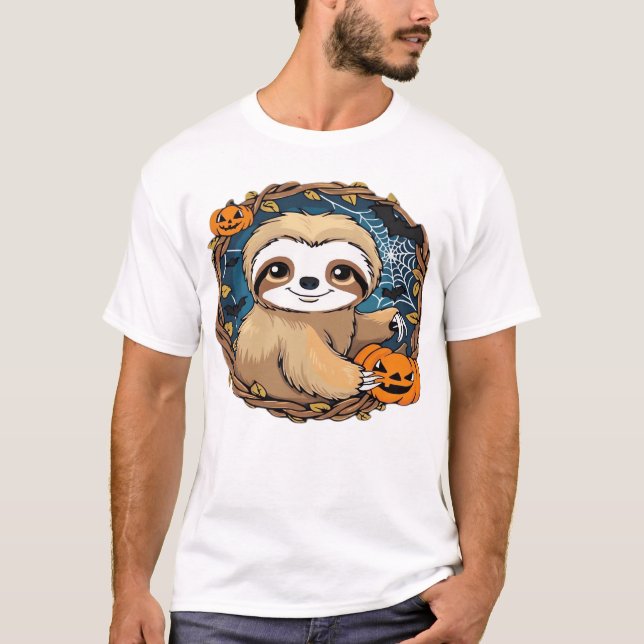Halloween sloth, pumpkin, bat, spider, spider web  T-Shirt (Front)
