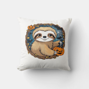 Halloween sloth, pumpkin, bat, spider, spider web throw pillow