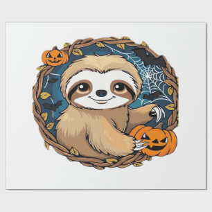 Halloween sloth, pumpkin, bat, spider, spider web wrapping paper