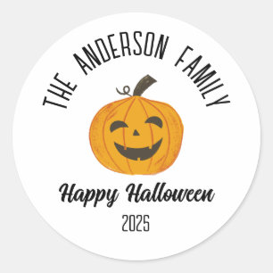 Halloween Smiling Pumpkin Face Personalized Name Classic Round Sticker