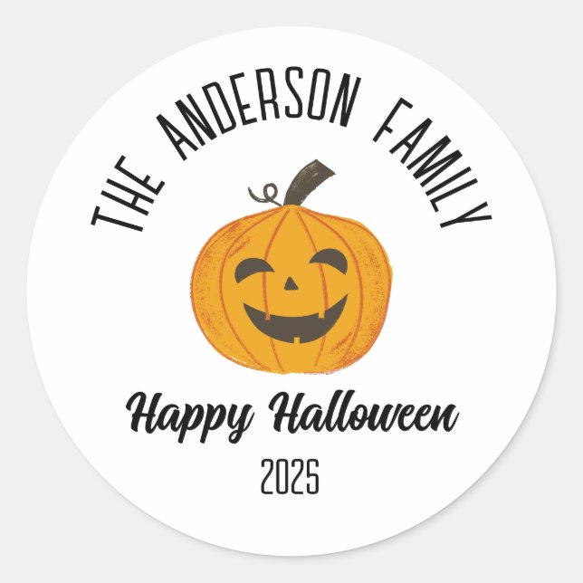 Halloween Smiling Pumpkin Face Personalized Name Classic Round Sticker (Front)