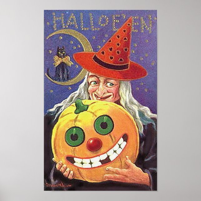 Halloween Smiling Witch and Pumpkin Poster (Front)