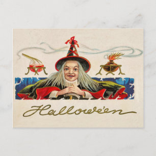 Halloween smiling witch, vintage holiday postcard