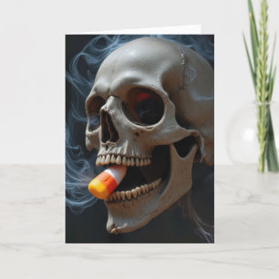 Halloween Smoking Skull Biting Candy Corn Card