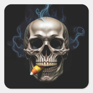 Halloween Smoking Skull Biting Candy Corn Square Sticker
