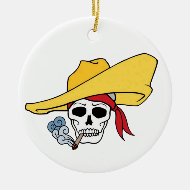 Halloween Smoking Skull with Bandana Cartoon Ceramic Ornament (Front)