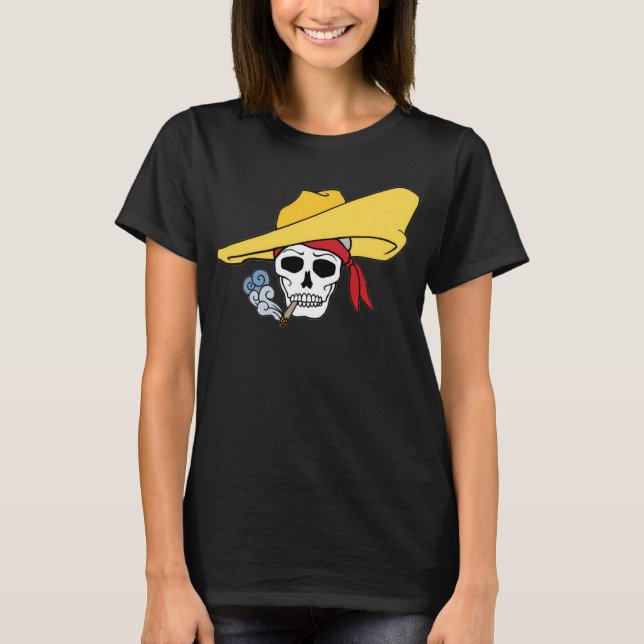 Halloween Smoking Skull with Bandana Cartoon T-Shirt (Front)