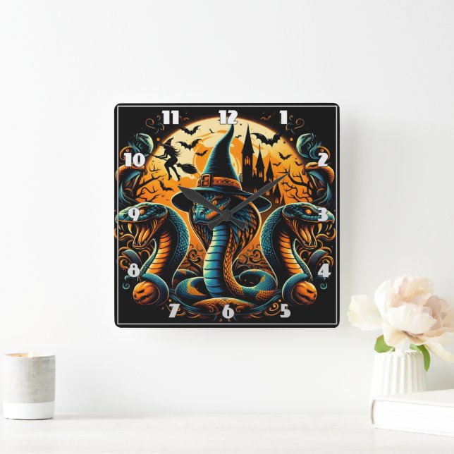 Halloween snakes coiled under a spooky moonlight square wall clock (Home)