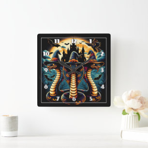 Halloween snakes in spooky attire at twilight square wall clock