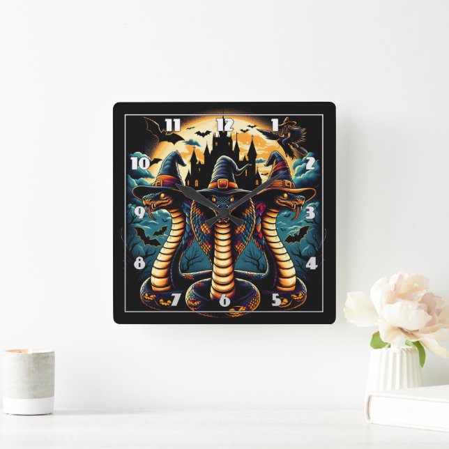 Halloween snakes in spooky attire at twilight square wall clock (Home)