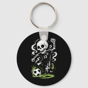 Halloween Soccer Skeleton Under Orange Moon _1 Keychain