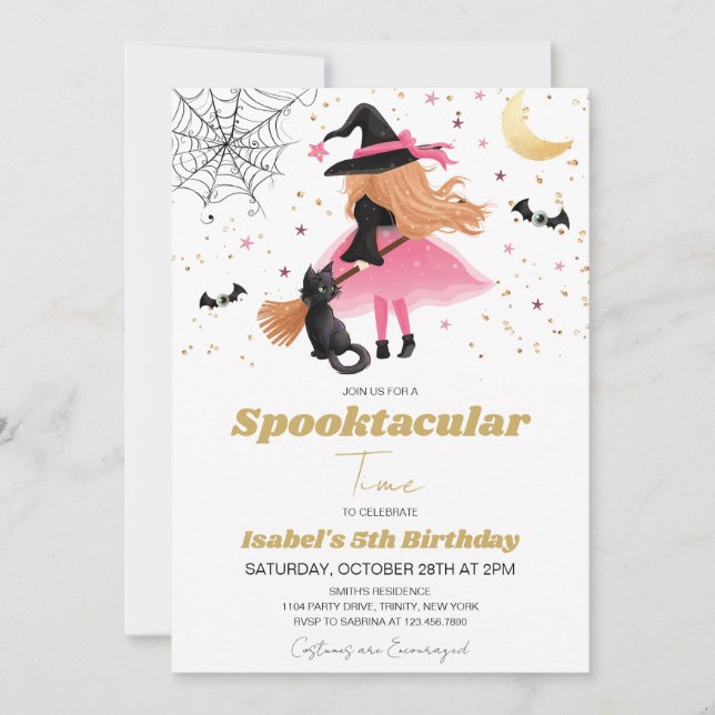Halloween Sorcière rose Invitation Anniversaire (Devant)