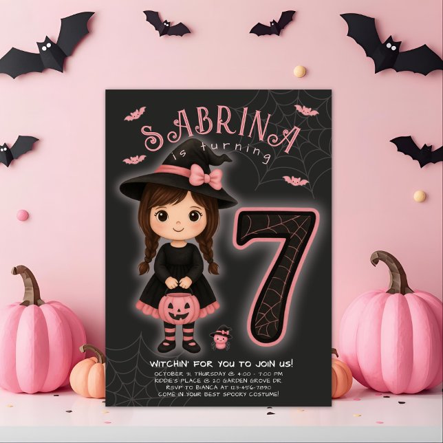 Halloween Sorcière rose Invitation Anniversaire (Créateur téléchargé)