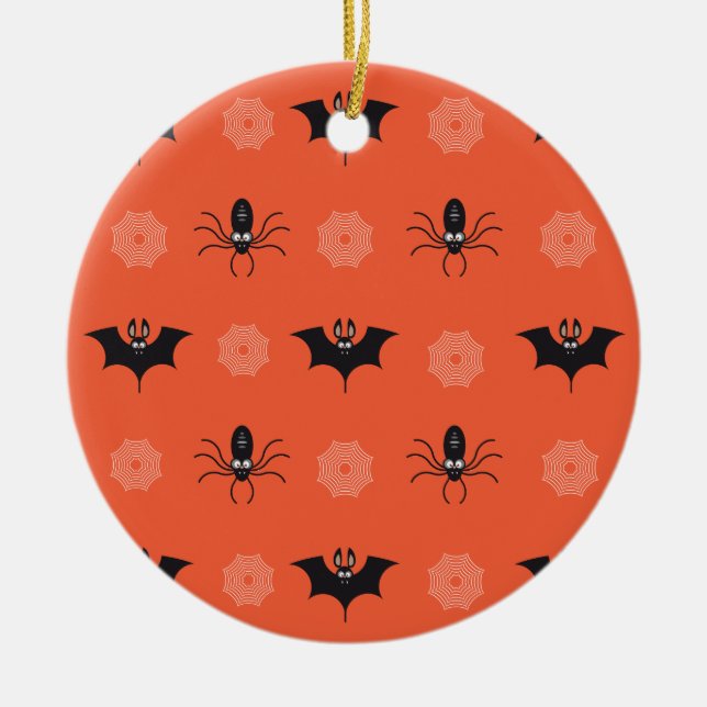 Halloween spider, bat & cobweb pattern ceramic ornament (Front)