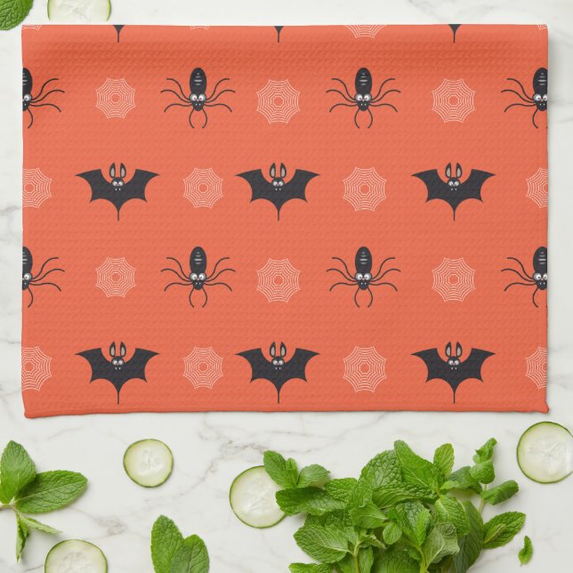 Halloween spider, bat & cobweb pattern kitchen towel (Folded)