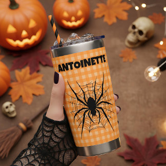 Halloween Spider in Cobweb Orange Gingham Plaid Insulated Tumbler