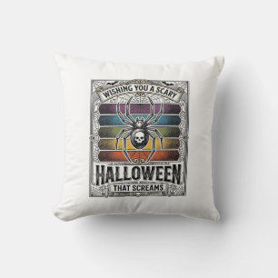 Halloween Spider Scary Retro Engraving Rainbow Web Throw Pillow