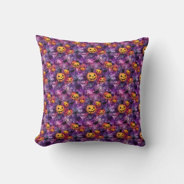 Halloween Spider Web and Jack O Lantern  Throw Pillow (Front)