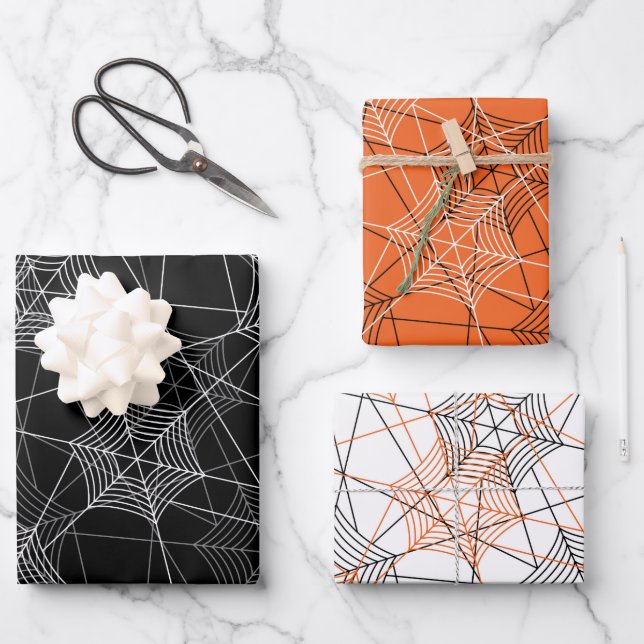 Halloween Spider Web Black White Orange  Gift Wrapping Paper Sheet (Front)