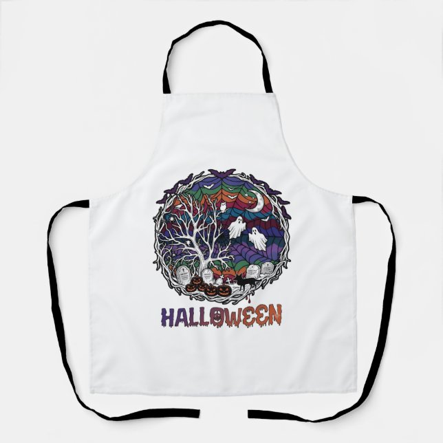 Halloween Spider Web Tree Ghosts Pumpkins Tombston Apron (Front)