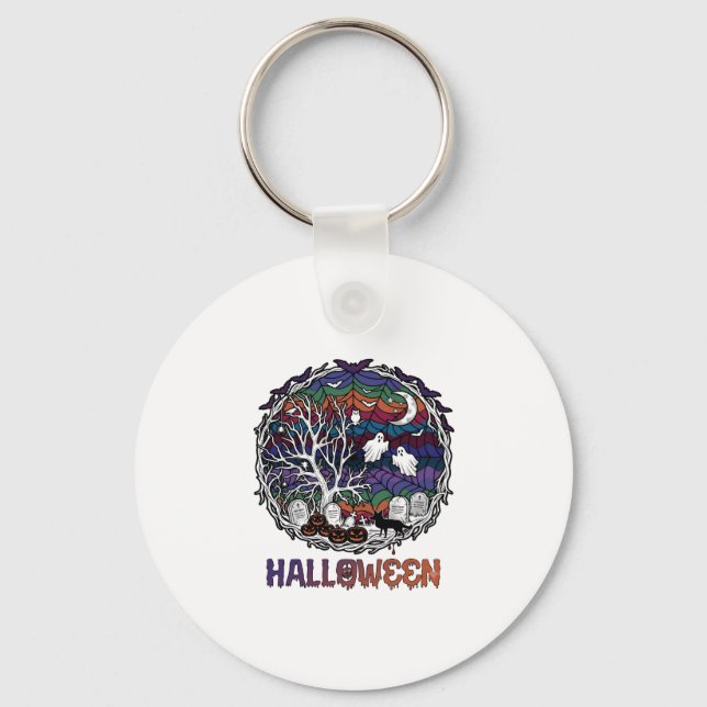 Halloween Spider Web Tree Ghosts Pumpkins Tombston Keychain (Front)