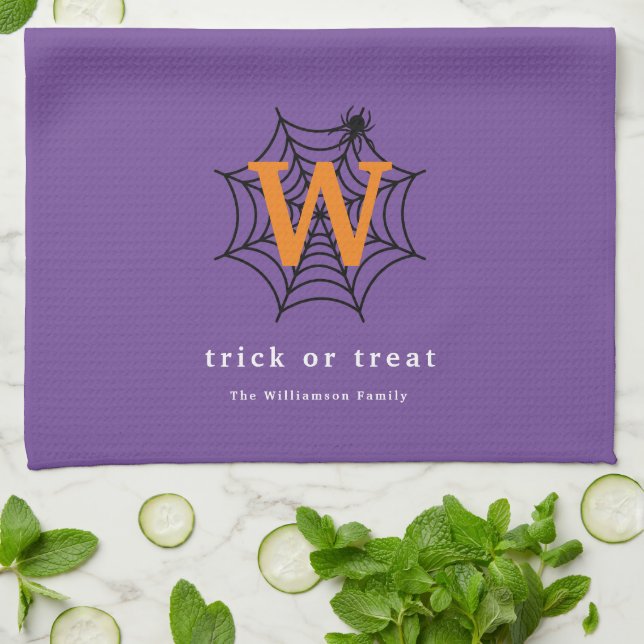 Halloween Spider Web Trick or Treat Monogram Kitchen Towel (Folded)