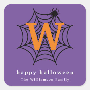 Halloween Spider Web Trick or Treat Monogram Square Sticker