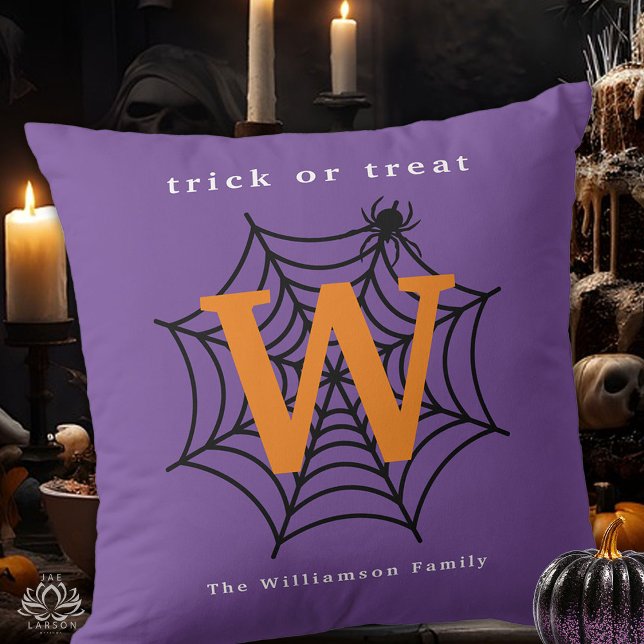 Halloween Spider Web Trick or Treat Monogram Throw Pillow (Creator Uploaded)
