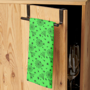 Halloween Spiders and Webs on Green Kitchen Towel