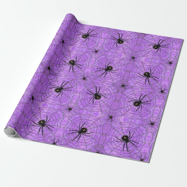 Halloween Spiders Purple Wrapping Paper (Unrolled)
