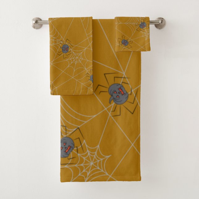 Halloween spiders web and pumpkins   bath towel set (Insitu)