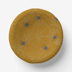 Halloween spiders web and pumpkins   paper plate