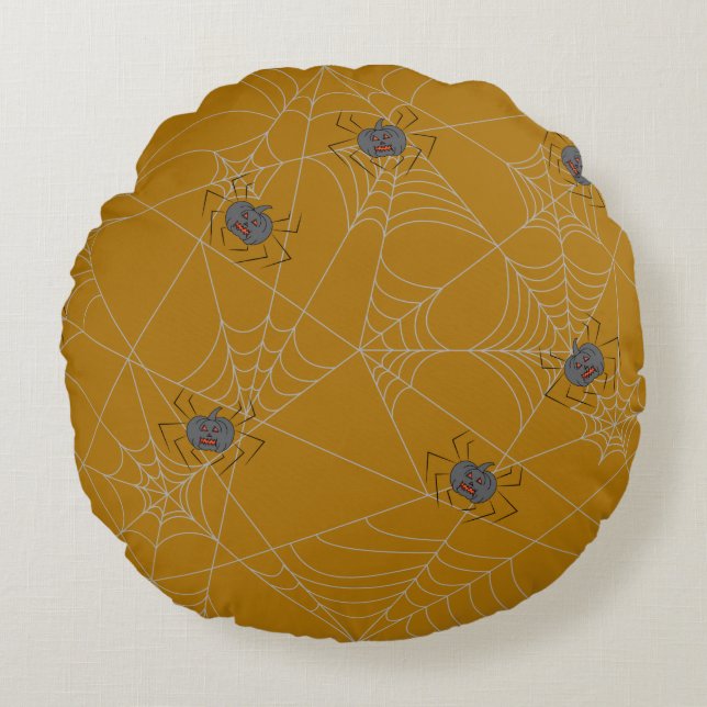Halloween spiders web and pumpkins round pillow (Front)